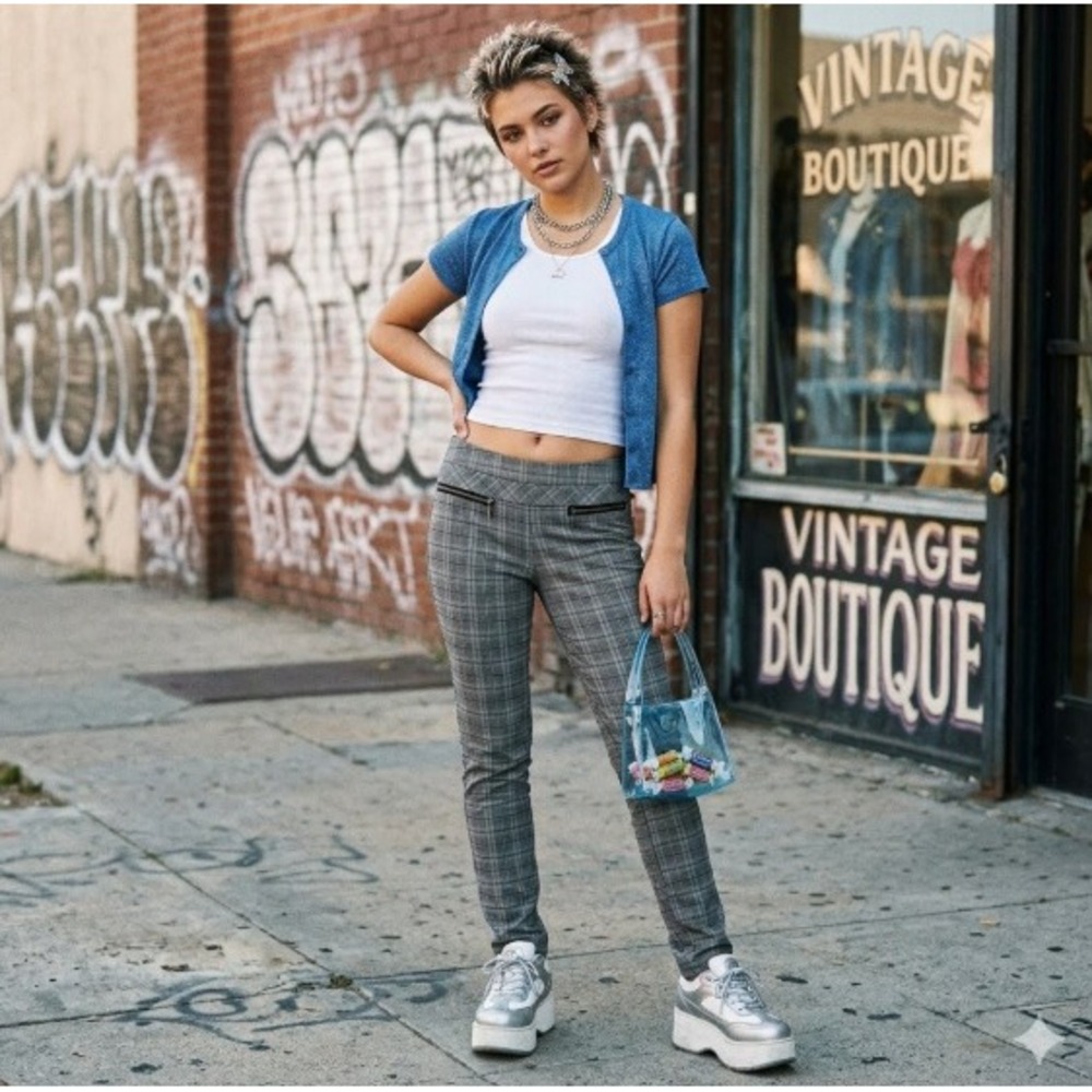 Candies Audrey Y2K Vintage Pull On Pants Plaid Skinny Leg Zipper Pockets Gray XS